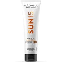 MADARA Beach BB Shimmering Sunscreen SPF 15 tube, white with orange text, 100 ml, medium protection body cream.