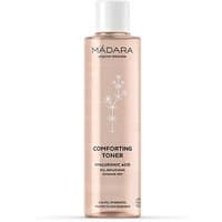 Clear bottle of Madara Comforting Toner, 200 ml, with white cap and minimalist black text on front.