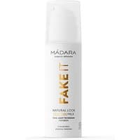 Madara FAKE IT Self-Tan Milk, white bottle with gold text, pump dispenser, 150 ml size.
