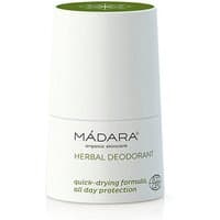 White cylindrical Madara Herbal Deodorant Roll On, 50 ml, with green cap and text, offering quick-drying all-day protection.