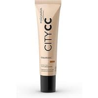 Beige tube of Madara Hyaluronic Anti-Pollution CC Cream SPF 15, black cap, labeled "CITY CC" in bold letters.