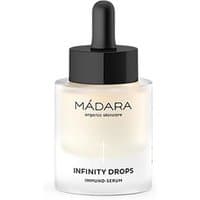 Clear glass bottle with black dropper, labeled "MADARA Infinity Drops Immuno-Serum" for all skin types.
