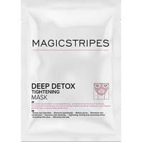 White Magic Stripes Deep Detox Tightening Mask packet with pink face icon and black text.