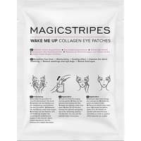 Magic Stripes Wake Me Up Collagen Eye Patches in white packaging with black text and illustrative application guide.
