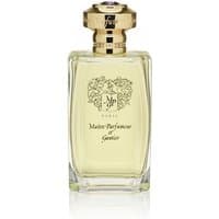 Clear glass bottle of Soie Rouge Eau de Parfum with gold ornate cap and label, 120 ml, by Maitre Parfumeur et Gantier.