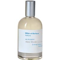 Clear glass bottle with silver cap, white label, blue text, "Miller et Bertaux - New Study Eau de Parfum 100 ml."