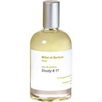 Clear glass bottle of Miller et Bertaux Study #17 Eau de Parfum, silver cap, white label with green and blue text.