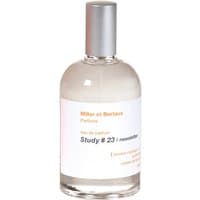 Clear glass bottle of Miller et Bertaux Study #23 Eau de Parfum, silver cap, white label with orange text.