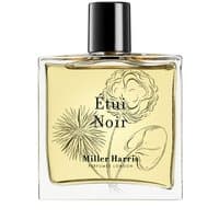Miller Harris Etui Noir Eau de Parfum 100 ml, clear square bottle with black cap, floral design on label.