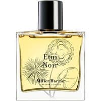 Clear glass bottle of Miller Harris Etui Noir perfume with black cap and floral design on label, 50 ml size.