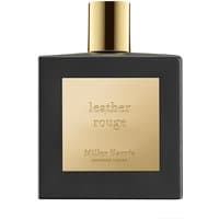 Black square bottle of Miller Harris Leather Rouge Eau de Parfum with gold cap and label, 100 ml unisex leather perfume.