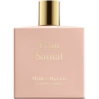 Peau Santal Eau de Parfum by Miller Harris, 100 ml, unisex woody perfume in a blush pink rectangular bottle with gold cap.