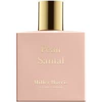 Peach-colored Miller Harris Peau Santal perfume bottle with gold cap and embossed text, 50 ml unisex woody scent.