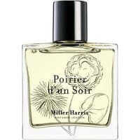 Clear glass bottle with black cap, featuring floral illustrations and "Poirier d'Un Soir" text, 50 ml unisex perfume.