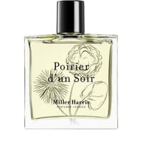 Clear glass bottle of Miller Harris Poirier D'Un Soir Eau de Parfum, black cap, floral design on label.