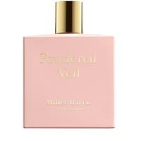 Pink rectangular bottle of Miller Harris Powdered Veil Eau de Parfum with gold cap and embossed text.