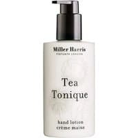 White Miller Harris Tea Tonique hand lotion bottle with black pump dispenser, 250 ml.
