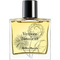 Clear glass bottle of Vetiver Insolent Eau de Parfum, black cap, floral illustration, 50 ml, unisex fragrance.