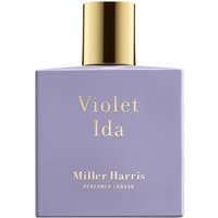 Purple rectangular bottle of Miller Harris Violet Ida Eau de Parfum with gold cap and text.