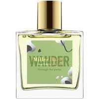 Clear glass bottle with gold cap, green label with abstract design, "Miller Harris Wander through the Parks" text.