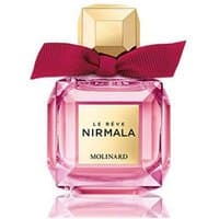 Pink Molinard Nirmala Le Reve perfume bottle with gold cap and burgundy bow, 75 ml.