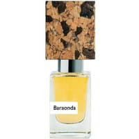 Clear glass bottle with yellow perfume, cork-textured cap, labeled "Baraonda" by Nasomatto, unisex amber oriental scent.