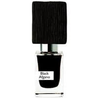 Black Afgano perfume bottle with black liquid, square glass base, and textured black cap.