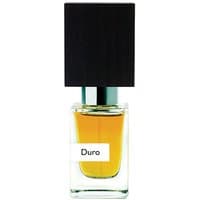 Clear glass bottle with amber liquid, black rectangular cap, and white label reading "Duro" for men's woody perfume.