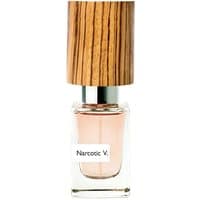 Nasomatto Narcotic V. perfume, 30 ml, clear glass bottle with a wooden cap, pink floral fragrance for women.