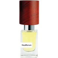 Clear glass bottle with yellow perfume, silver neck, and dark wooden cap, labeled "Nudiflorum" by Nasomatto.