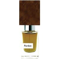 Nasomatto Pardon 30 ml men's spicy perfume with a square brown cap and clear bottle displaying amber liquid.