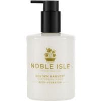 Noble Isle Golden Harvest Body Hydrator, 250 ml bottle, cream color with black pump and gold text.