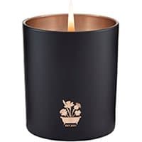 Black Noble Isle candle with gold floral emblem, lit wick, and copper interior.