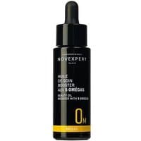 Black Novexpert serum bottle with dropper, labeled "Booster aux 5 Omegas," yellow accents, 30 ml size.