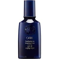 Dark blue Oribe Featherbalm Weightless Styler bottle, 100 ml, with embossed logo and silver text.