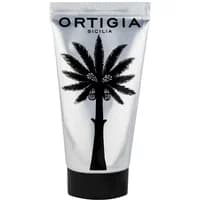 Silver Ortigia Ambra Nera hand cream tube with black palm tree design, 80 ml.