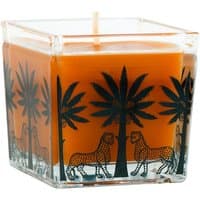 Square glass candle with amber wax, black palm tree and leopard design, by Ortigia, 110 g.