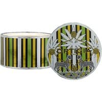 Ortigia Bergamotto Bath Salts 500g in a round tin with green, black, and gold stripes, featuring palm trees and leopards.