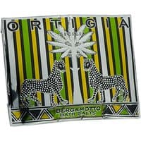 Ortigia Bergamotto Bath Salts Sachet, 75g, with green and yellow stripes, featuring two leopards and palm tree design.