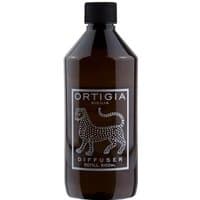 Brown Ortigia Bergamotto diffuser refill bottle with black cap and leopard design, 500 ml capacity.