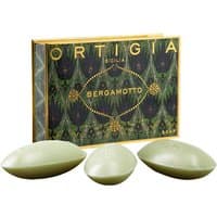Ortigia Bergamotto Olive Oil Soap Kit with three green oval soaps and decorative box with gold accents.