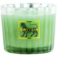 Green Ortigia Fico d'India candle with four wicks in a ribbed glass container, featuring a leopard logo.