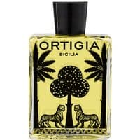 Ortigia Fico d'India Bath Oil 200 ml, clear square bottle with black palm tree and leopard design, black cap