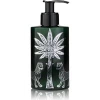 Green Ortigia Fico d'India body cream bottle, black pump, white palm tree and leopard design, 300 ml.
