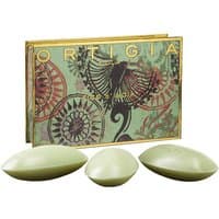 Ortigia Fico d'India soap kit with three oval green soaps and decorative box featuring ornate floral design.