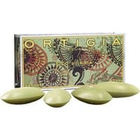 Ortigia Fico d'India soap kit with four green oval soaps and decorative box with intricate patterns.