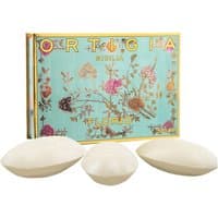 Ortigia Florio soap kit with three oval olive oil soaps and floral turquoise packaging.