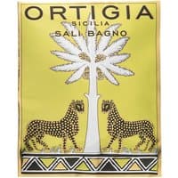 Yellow Ortigia Lime di Sicilia bath salts sachet with palm tree and leopard design, 75 g.