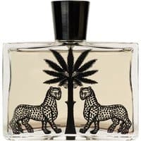 Clear glass bottle with black palm tree and leopard design, black cap, containing Ortigia Lime di Sicilia Eau de Parfum.