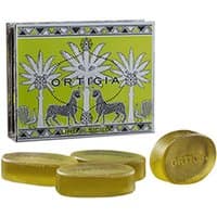 Ortigia Lime di Sicilia glycerine soap kit with four oval yellow-green soaps and decorative palm tree box.
